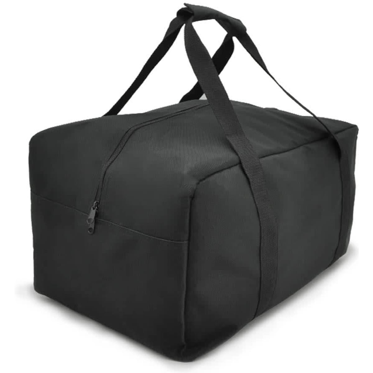 A black duffle bag with dual handles and a zippered top. It features a main compartment and has a logo.