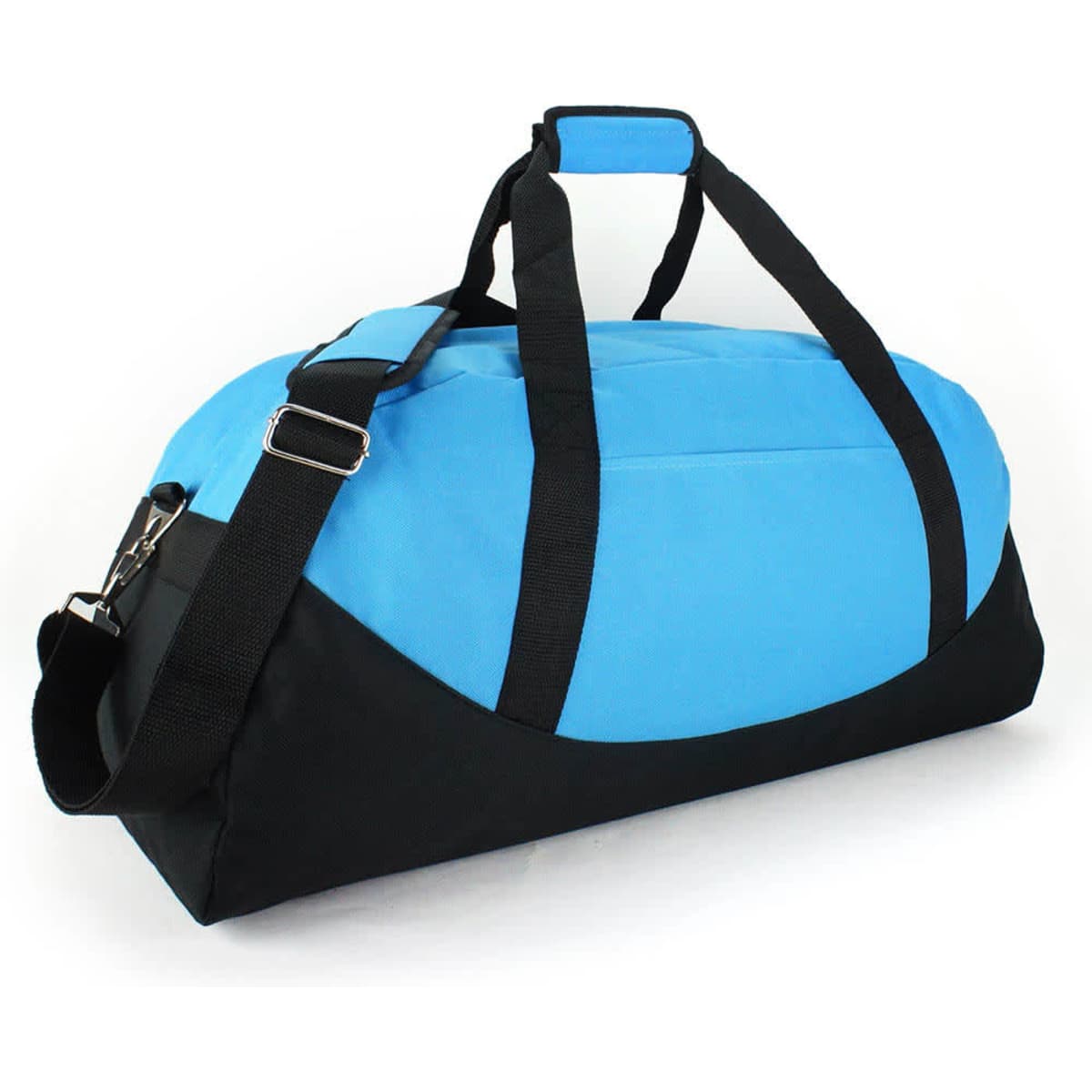 A blue and black duffle bag with dual carrying handles and an adjustable shoulder strap. It features a logo.