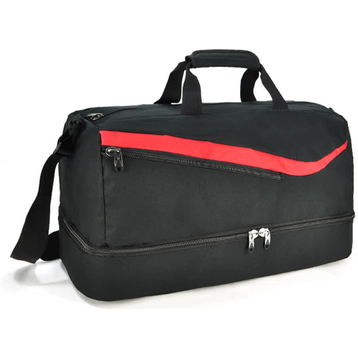 A black duffle bag with a red accent, featuring a zippered compartment and a detachable shoulder strap.