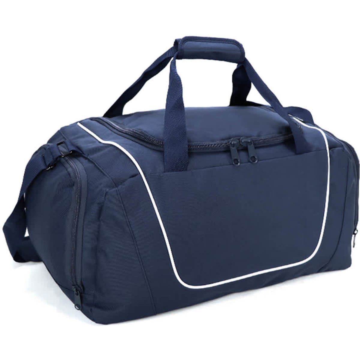 A navy blue duffle bag featuring a zippered main compartment and a removable shoulder strap. It has a logo on the side.