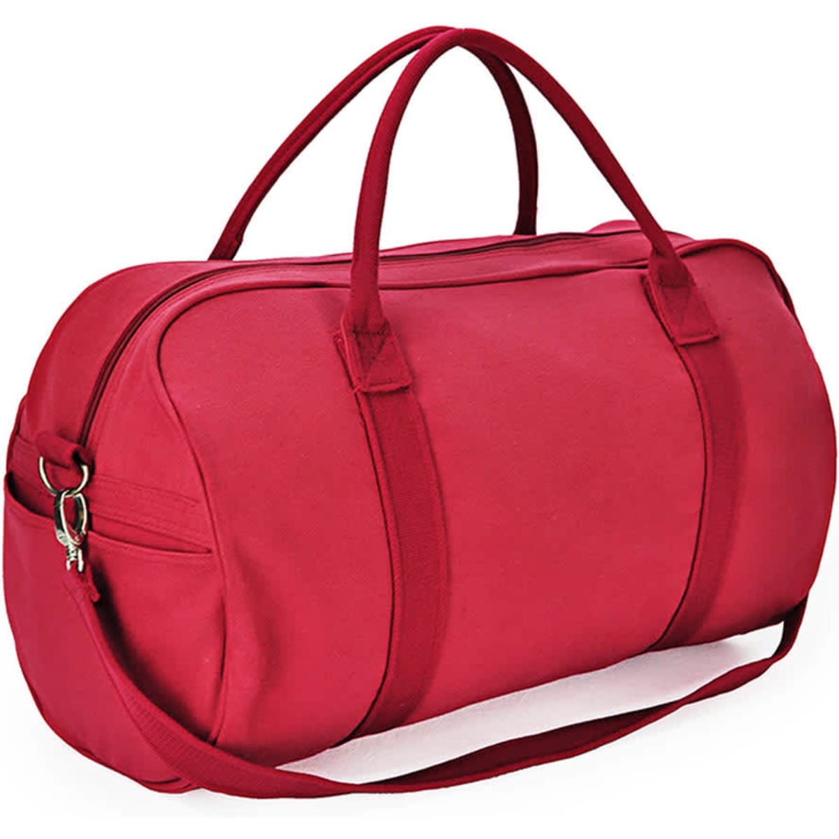 A red duffle bag with shoulder strap and handles, featuring a zipper and a small side pocket.