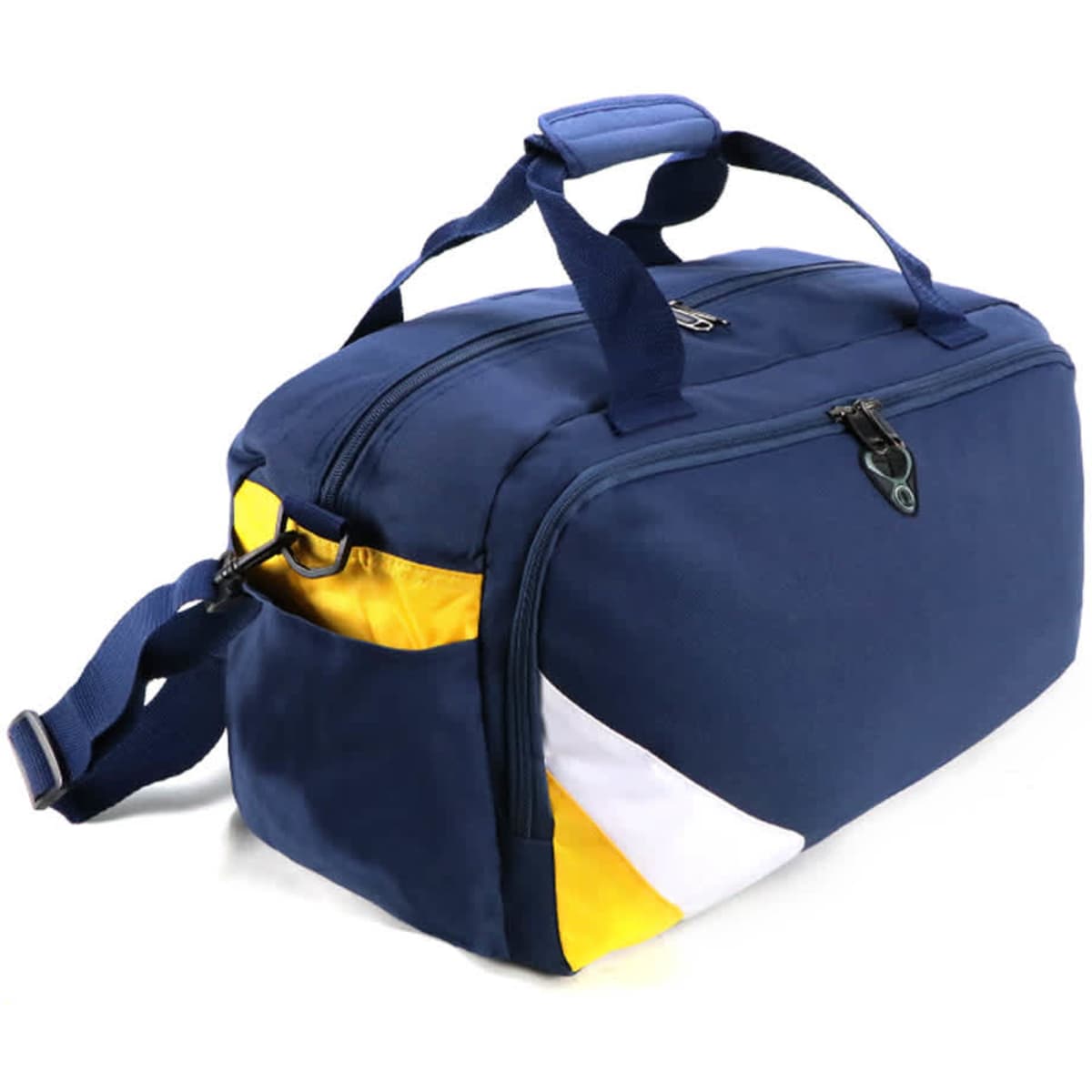 A navy blue duffle bag with yellow and white accents, featuring a handle and shoulder strap. It has a logo.