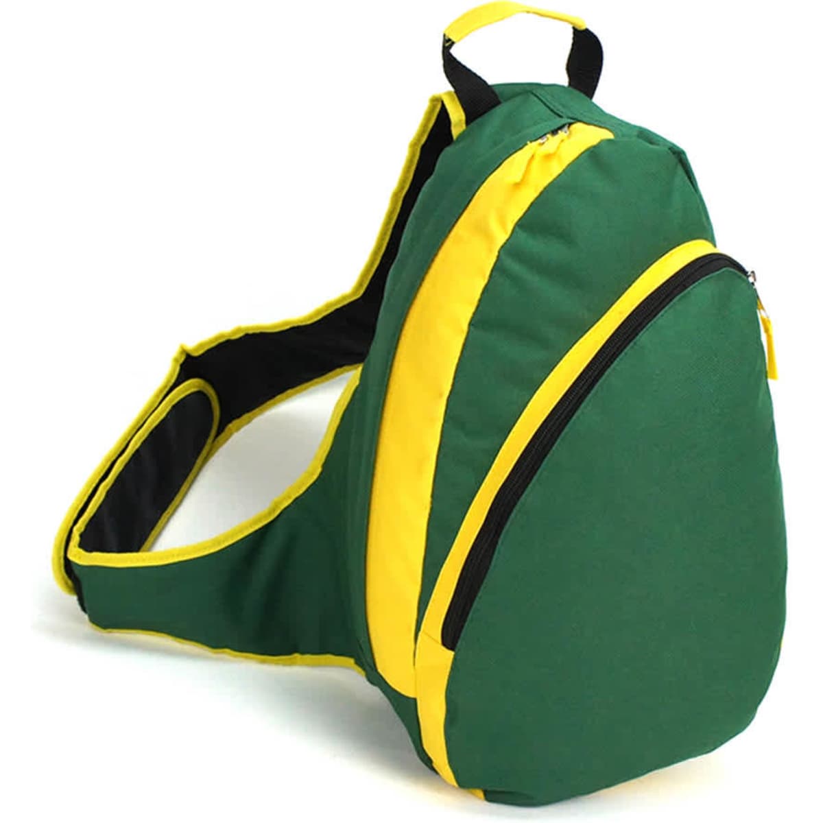 A green and yellow slingpack with a single strap and a zippered pocket, featuring a logo.