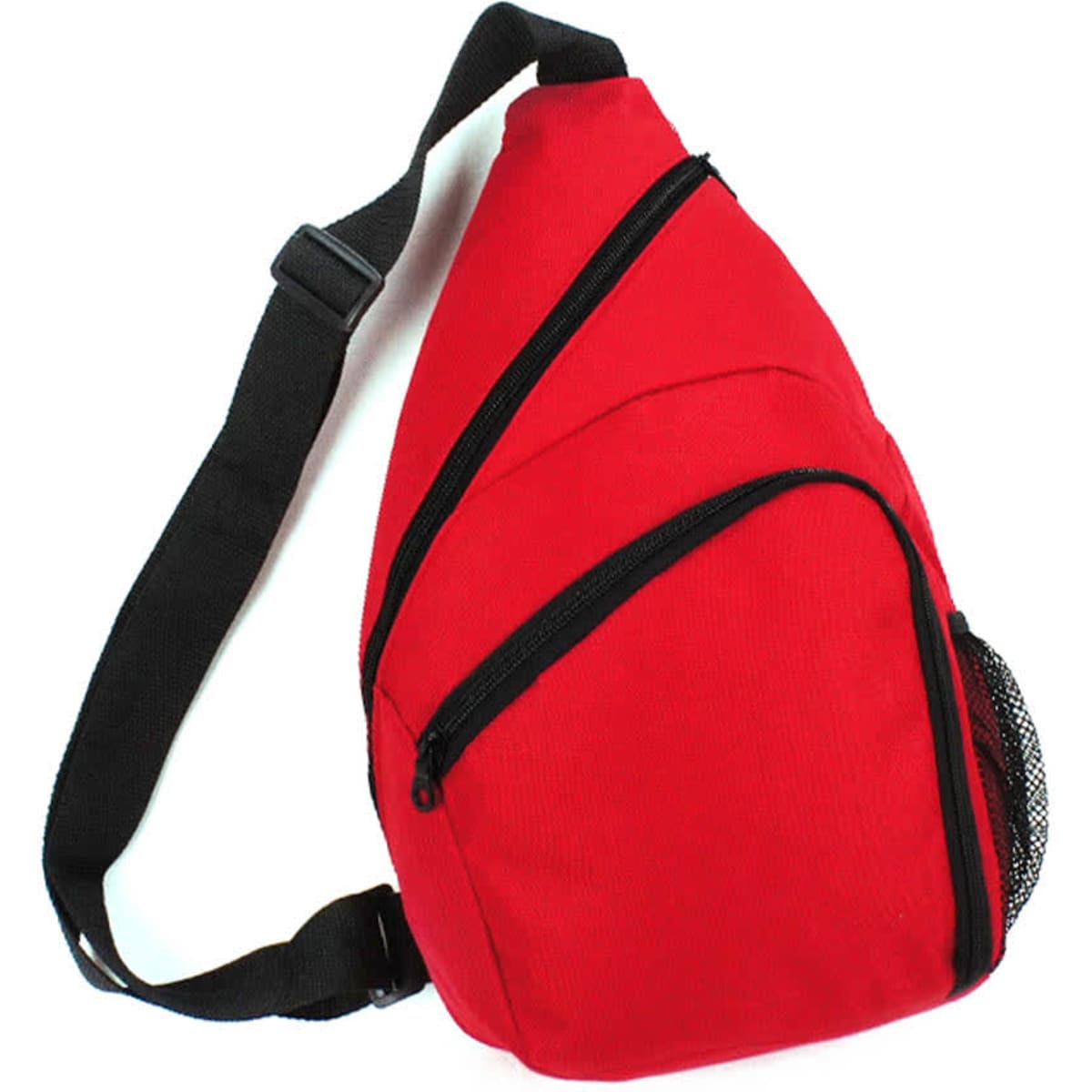 A red slingpack with multiple zippered pockets and a mesh side pocket, featuring an adjustable strap.