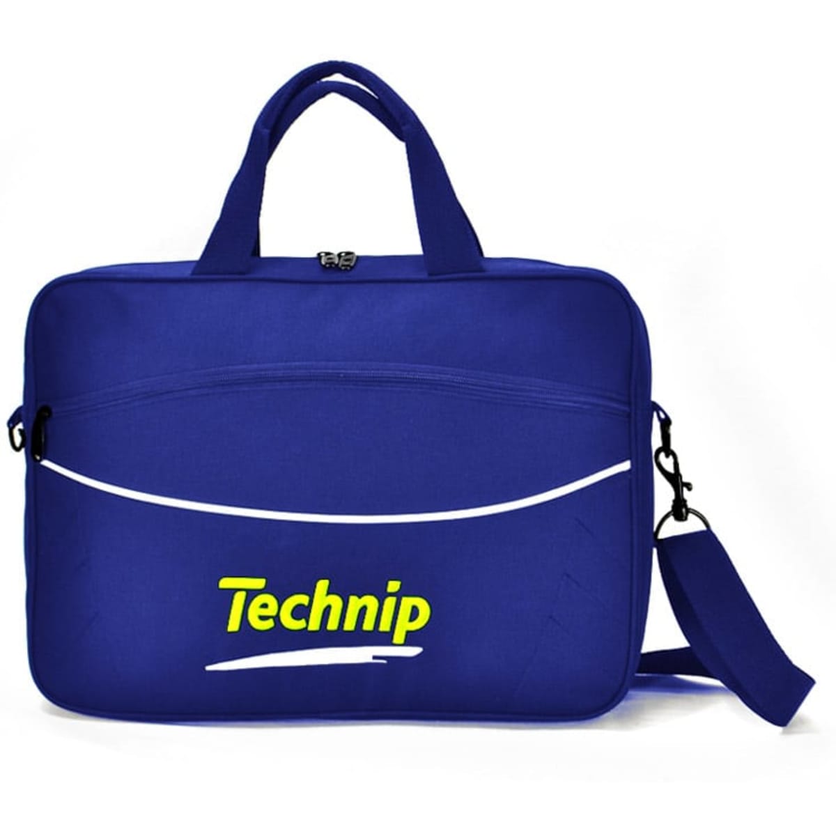 A blue conference bag with a shoulder strap and two handles, featuring a logo on the front.