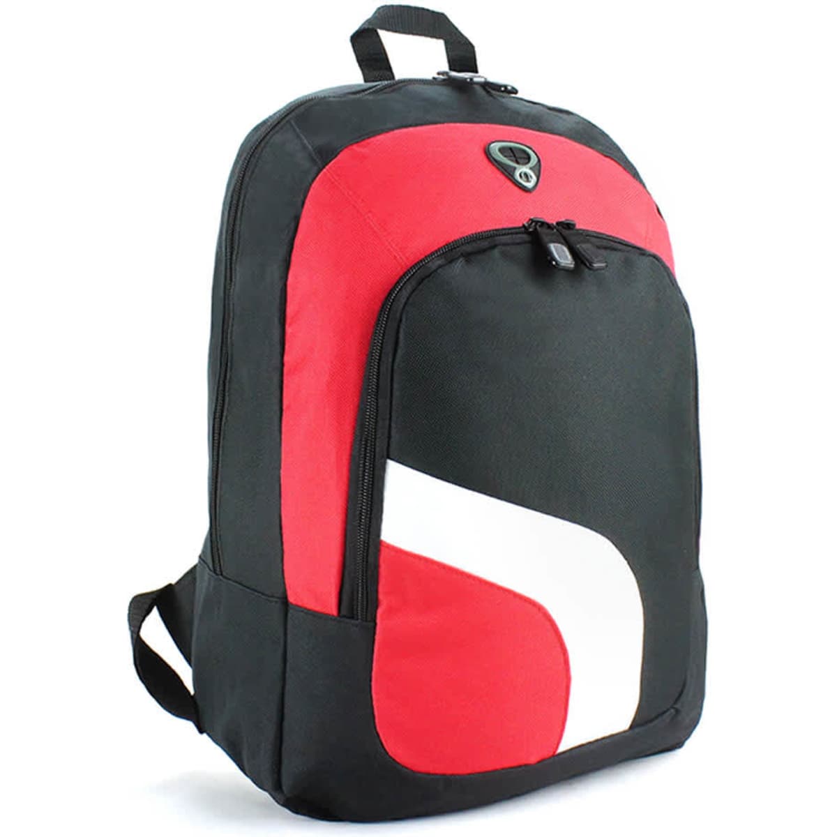 A black and red backpack with a front pocket and logo, featuring shoulder straps and a top handle.