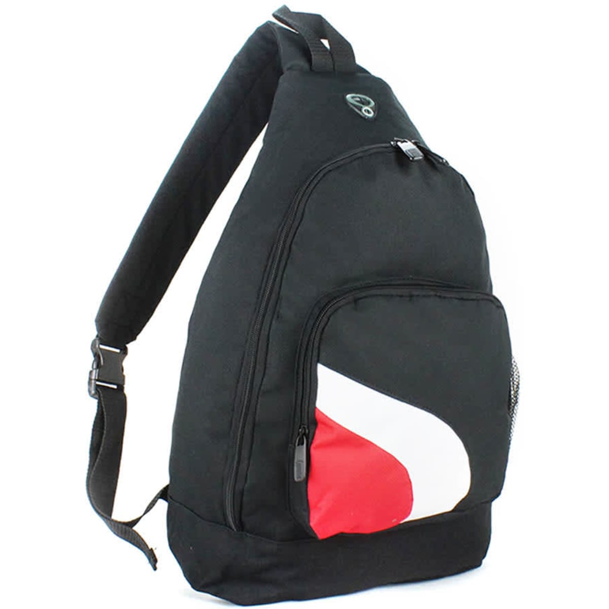 A black and red Slingpack bag with a single shoulder strap and a front zip pocket, featuring a mesh side pocket.