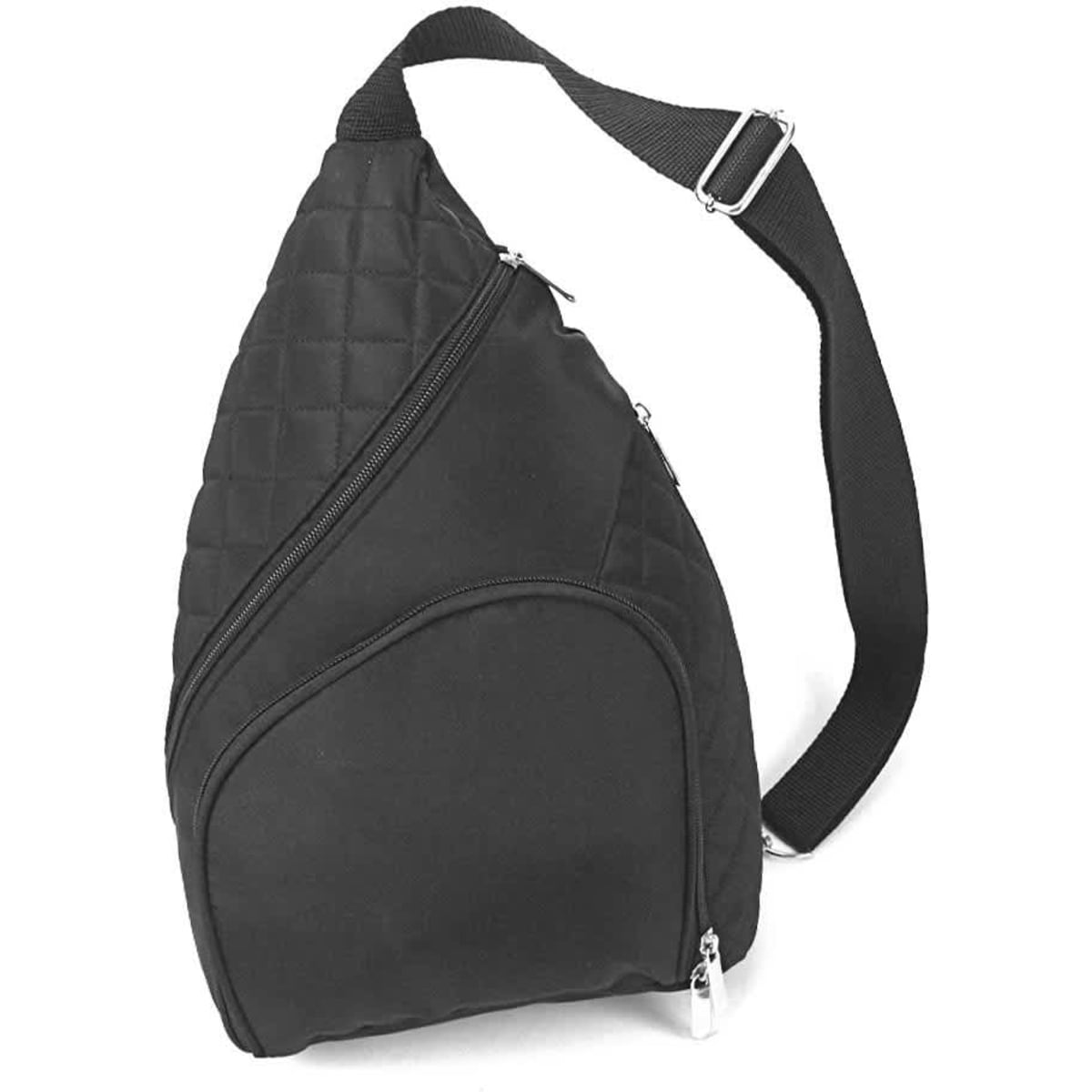 A black, quilted sling backpack featuring multiple zippered pockets and an adjustable strap.