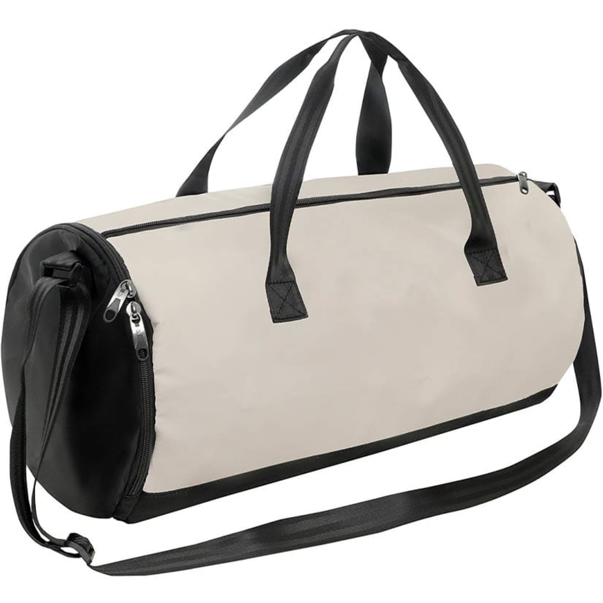 A beige and black duffle bag with dual handles and an adjustable shoulder strap. It has a zippered closure and logo.
