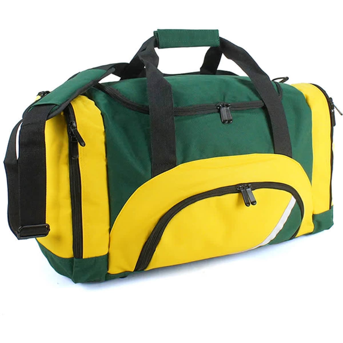 A green and yellow duffle bag with multiple zippers and a shoulder strap, featuring a logo.