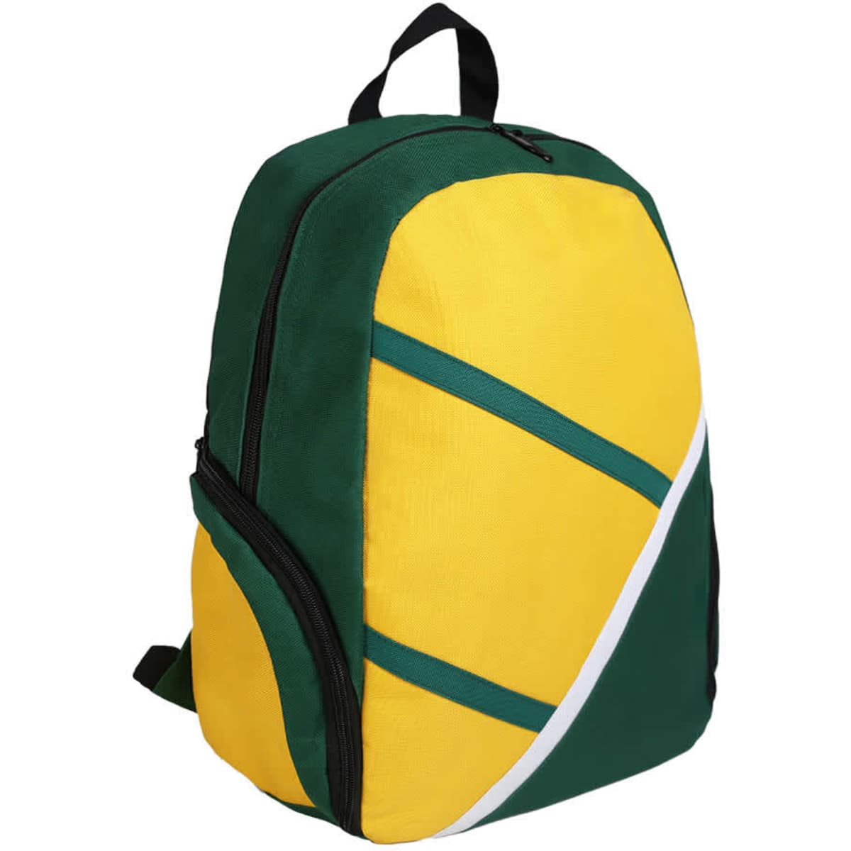 A green and yellow backpack with a distinct design and a zipper closure. It has a logo on the front.