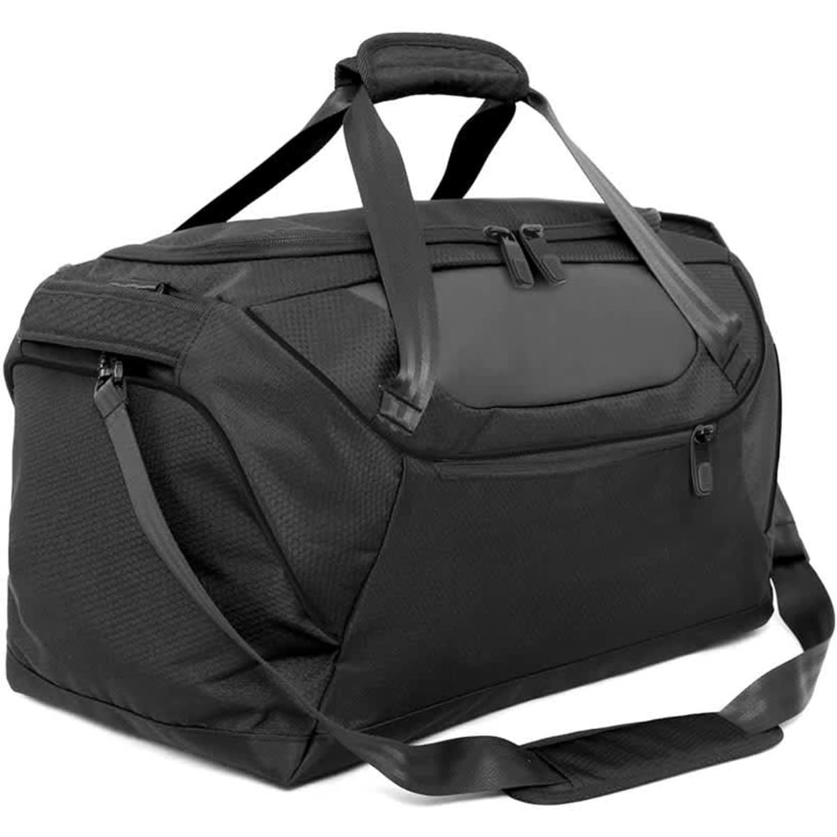 A black sports bag with multiple compartments, featuring handles and a shoulder strap, and a logo displayed on it.