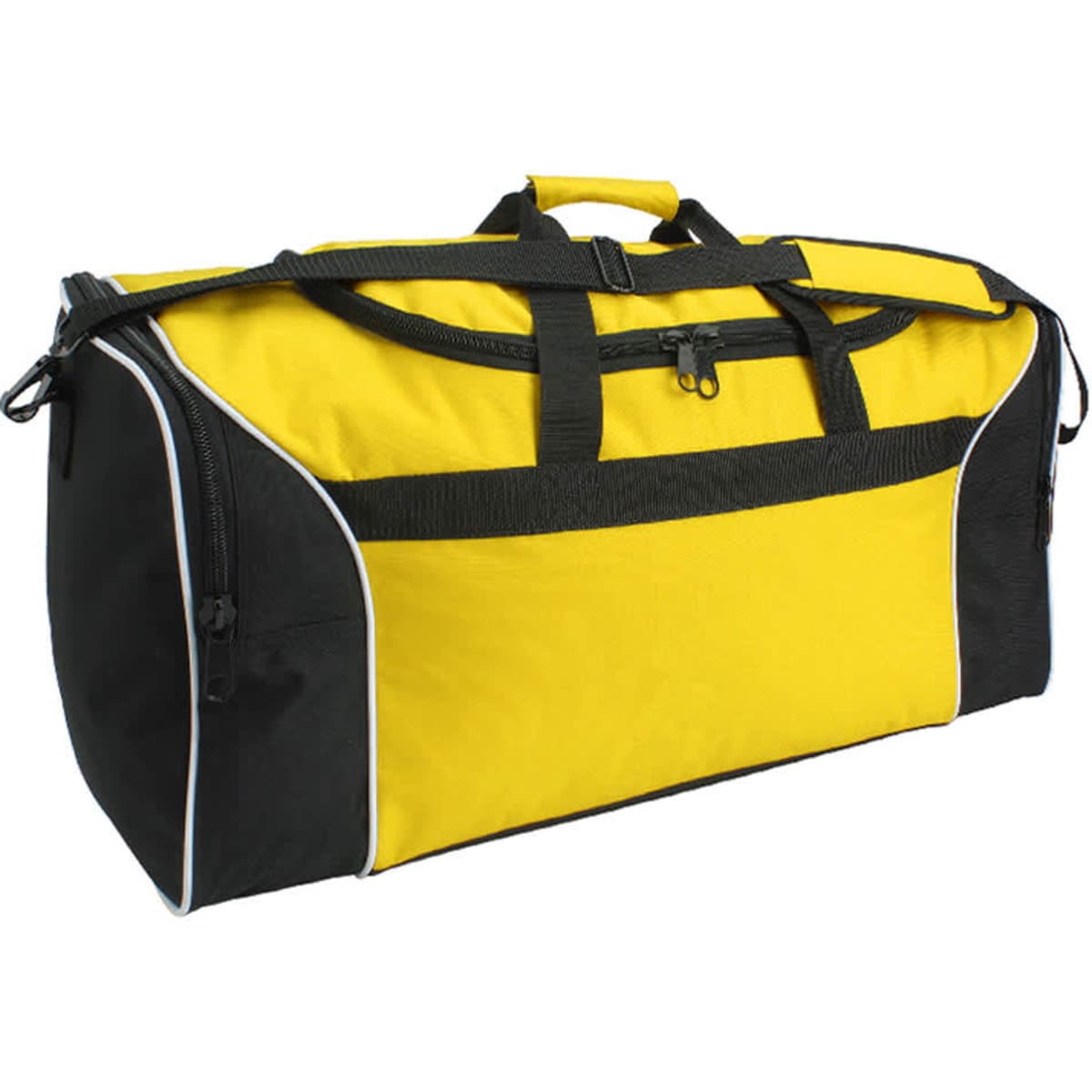 A tri-colour duffle bag featuring yellow and black fabric with zippered compartments and a logo.