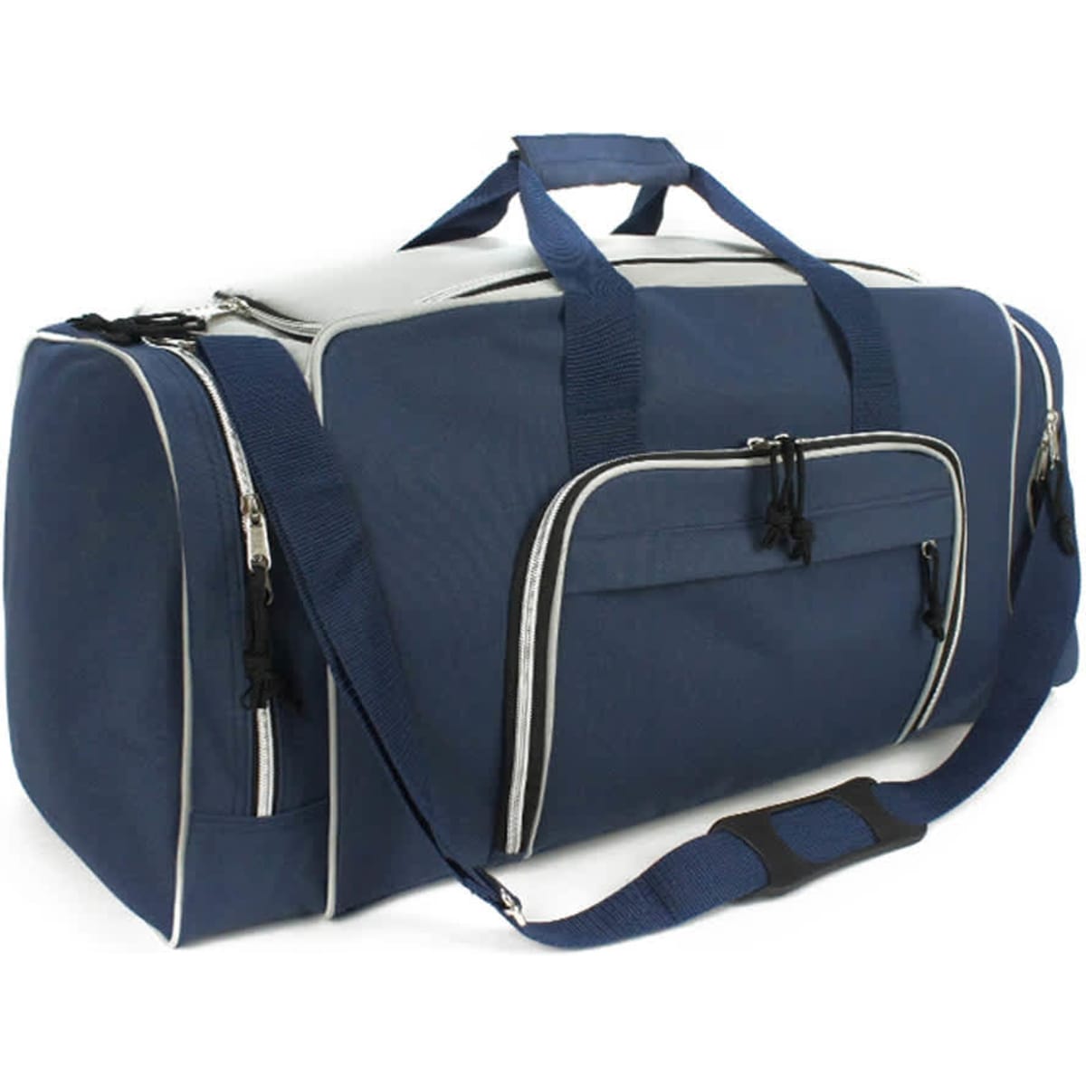 A navy blue duffle bag with white detailing, featuring multiple zippered pockets and an adjustable strap.