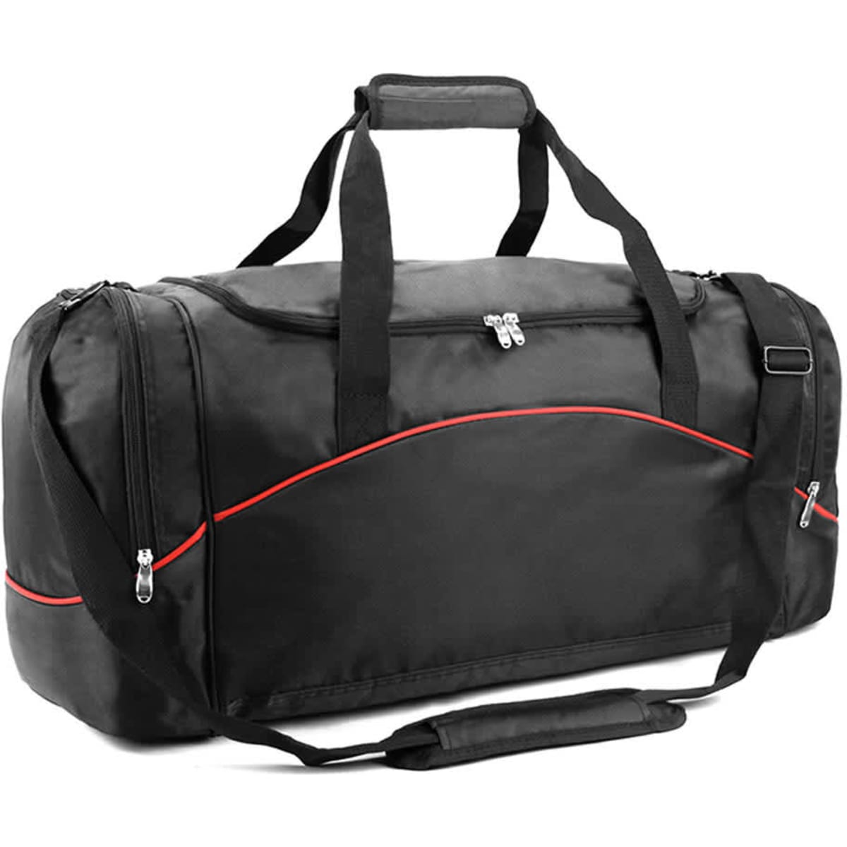 A black duffle bag with red accents, featuring dual handles and an adjustable shoulder strap. It has a logo on the side.