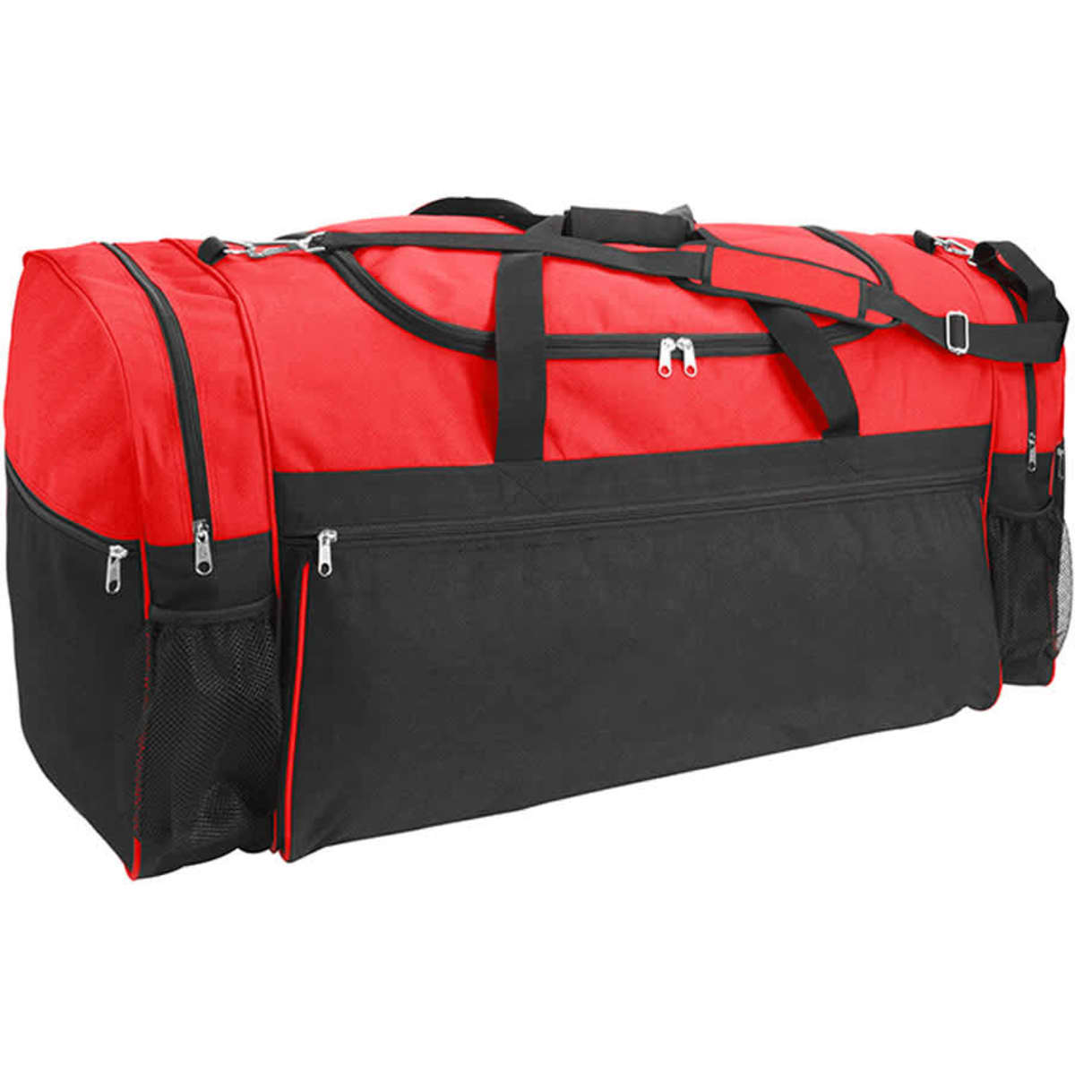 A large sports bag in red and black, featuring multiple zippered compartments and a mesh side pocket.