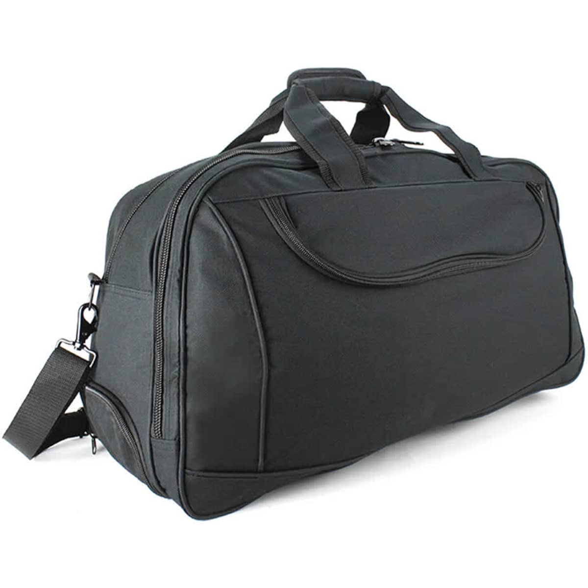 A black wheeled travel bag with dual handles, a shoulder strap, and a zippered compartment. It features a logo.
