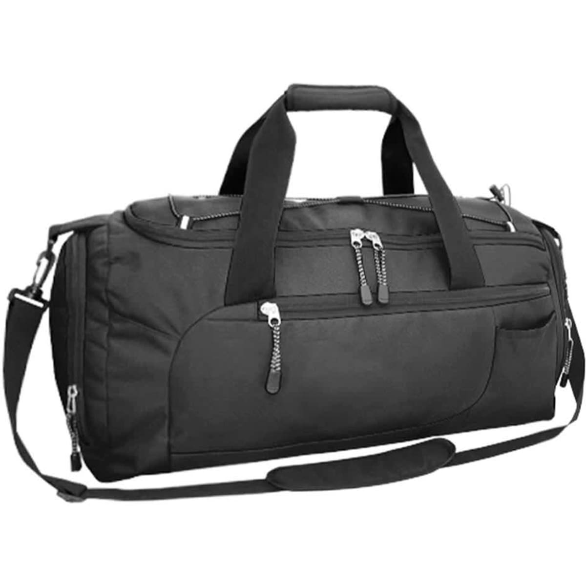 A black duffle bag with multiple zipped compartments and both handle and shoulder strap options. It features a logo.