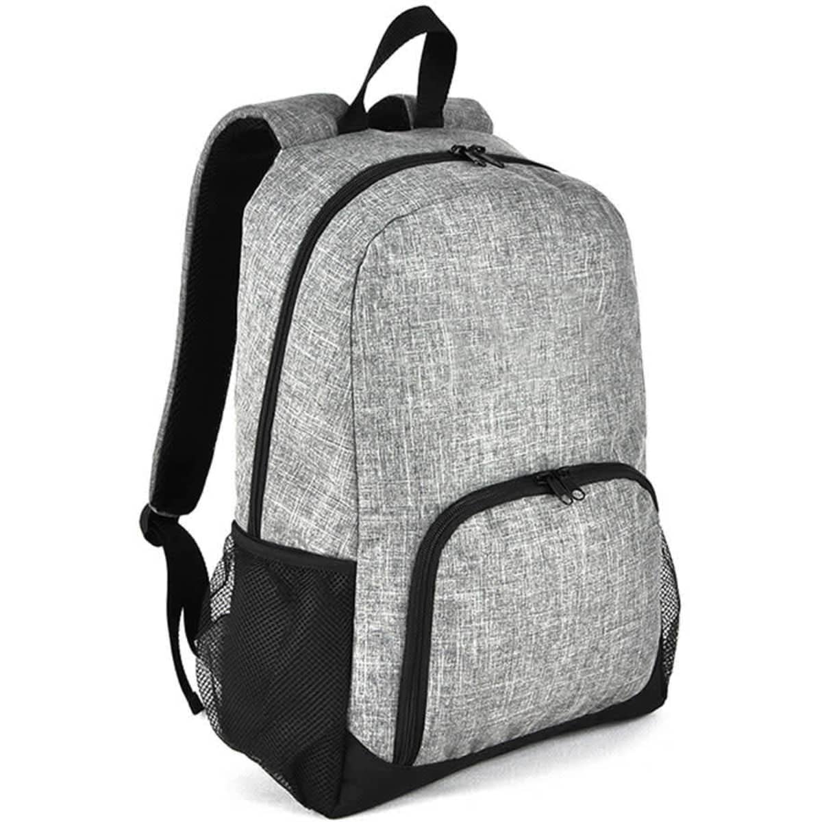 A grey college backpack with a textured finish and black accents, featuring adjustable straps and a front pocket.