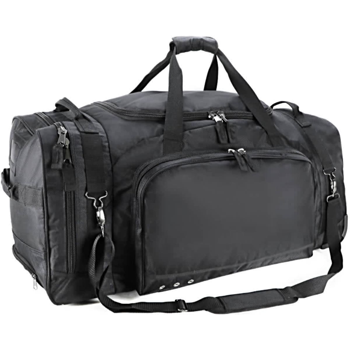 A black wheeled bag with multiple compartments and adjustable straps, featuring a logo.