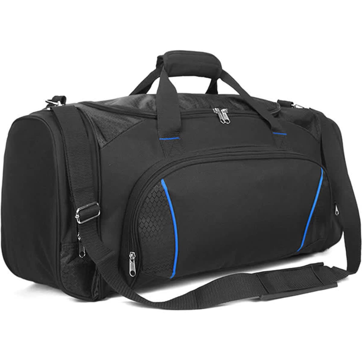 A black duffle bag with blue accents, featuring a shoulder strap and a logo.