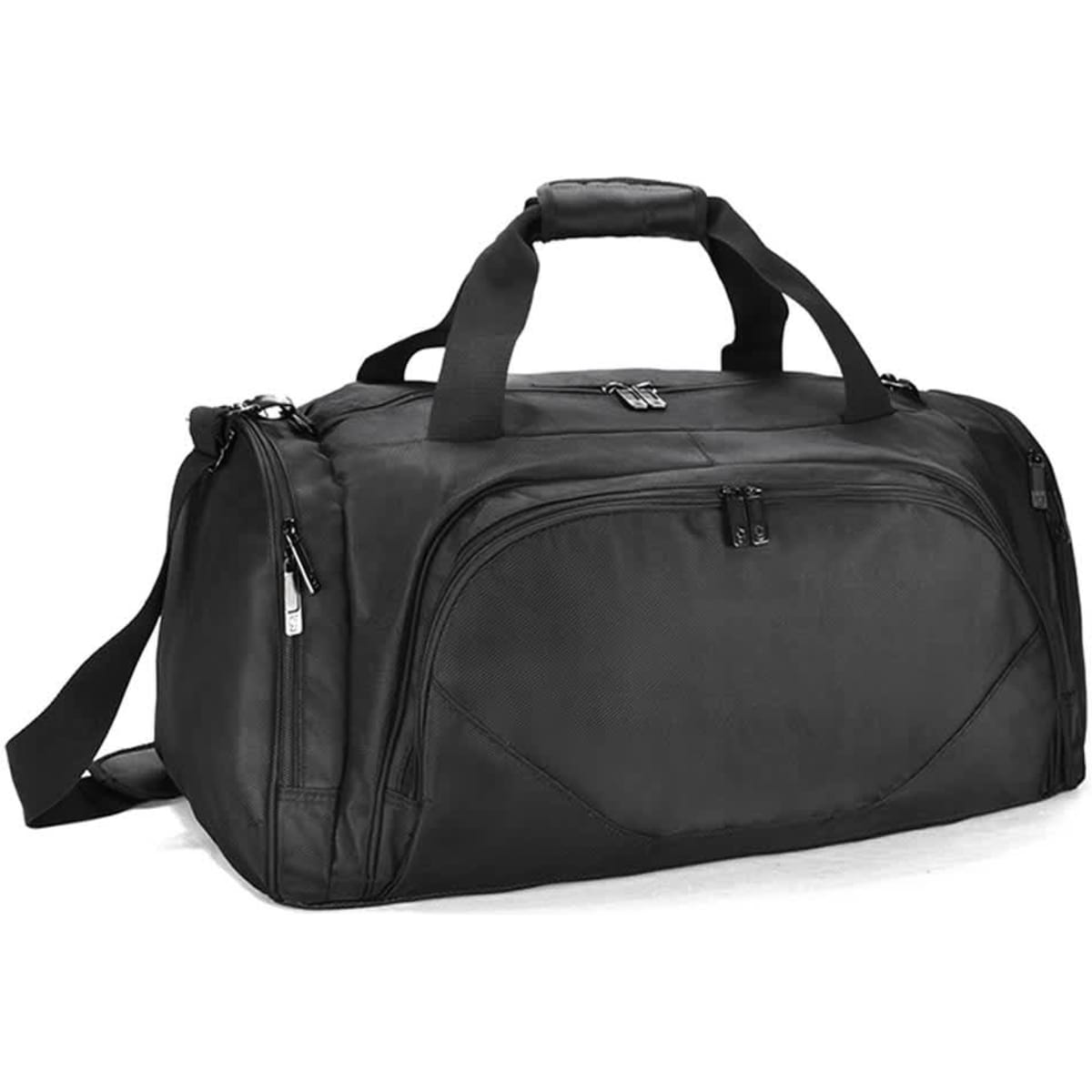 A black duffle bag with dual handles, a shoulder strap, and a front pocket. It features a subtle logo.