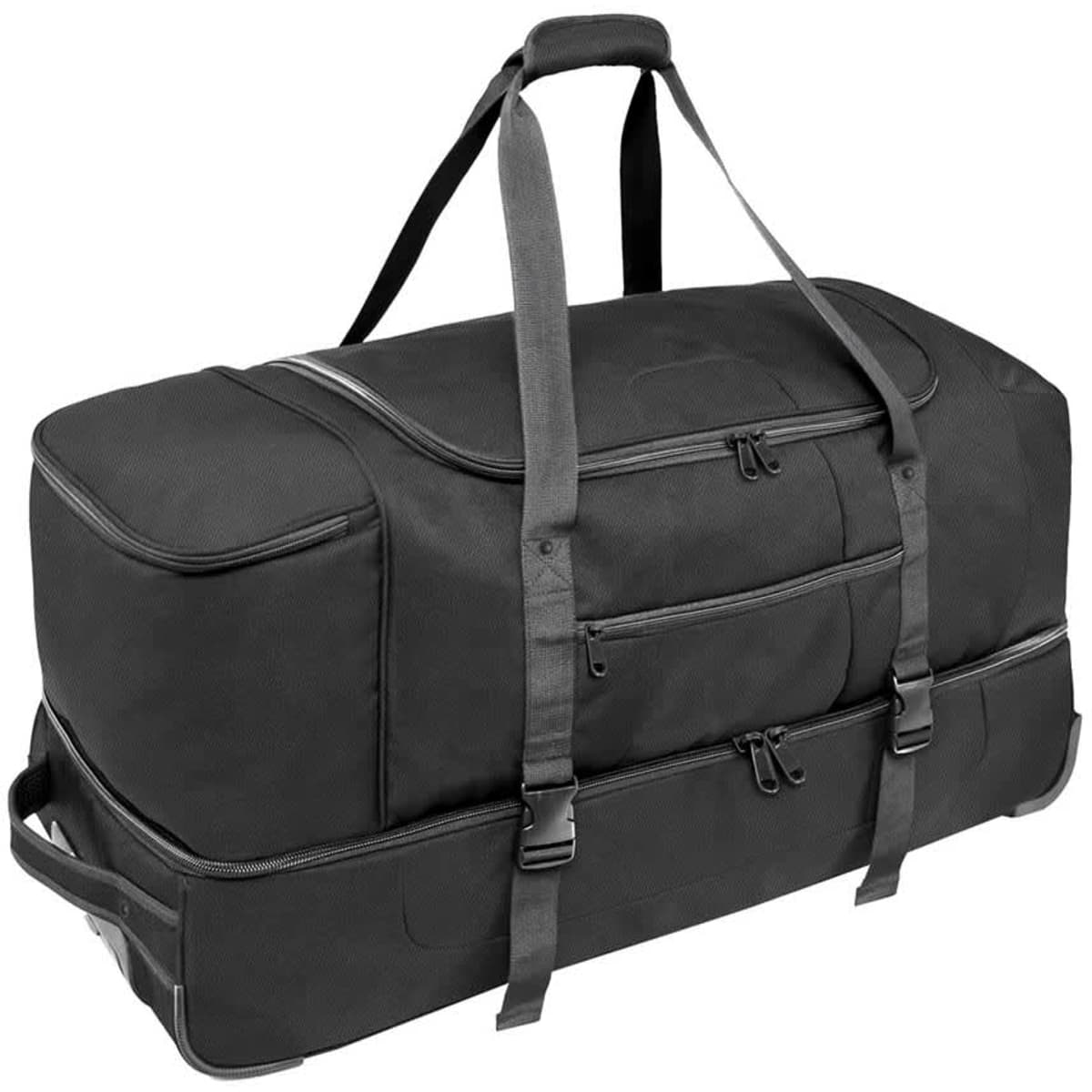 A wheeled black duffle bag with multiple zippered compartments and sturdy handles.