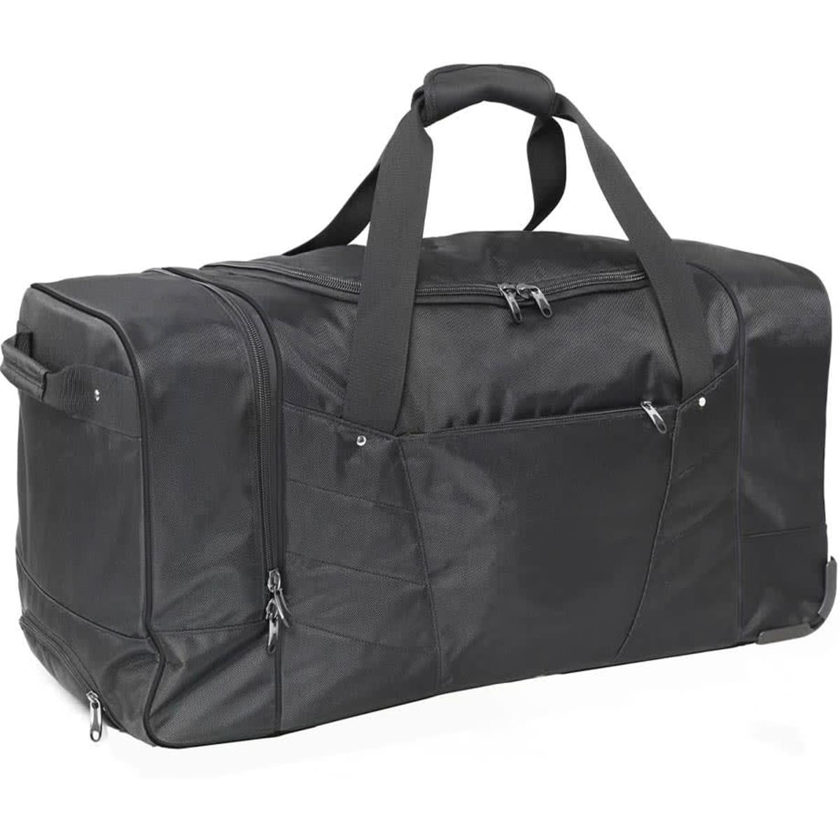 A large black wheeled bag with multiple compartments and handles for easy transport. It features a logo.