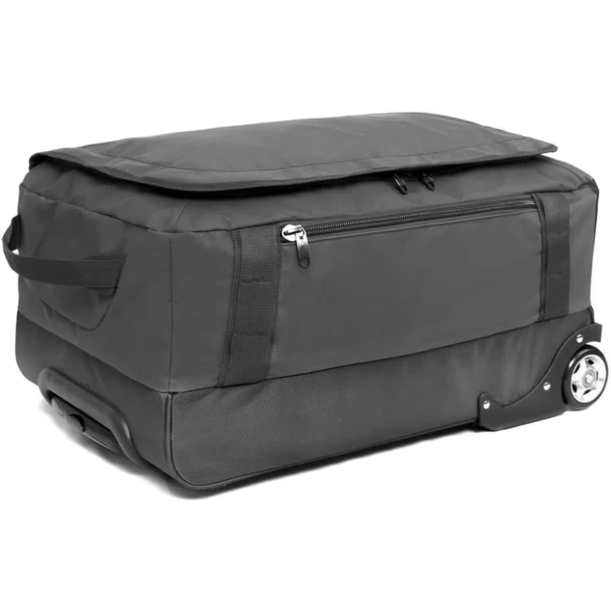 A wheeled bag in black with a zippered top and side handle, designed for easy transport.