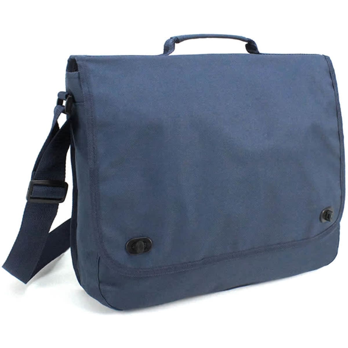 A navy blue business carry bag with a shoulder strap and a top handle, featuring a logo.