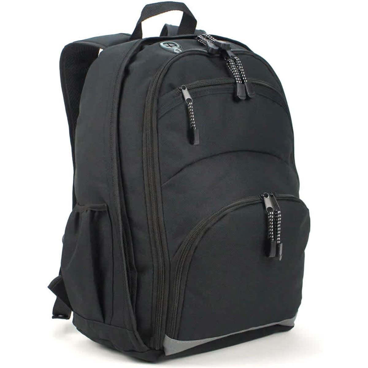 A black Transit Backpack with multiple compartments and a logo, featuring padded shoulder straps for comfort.