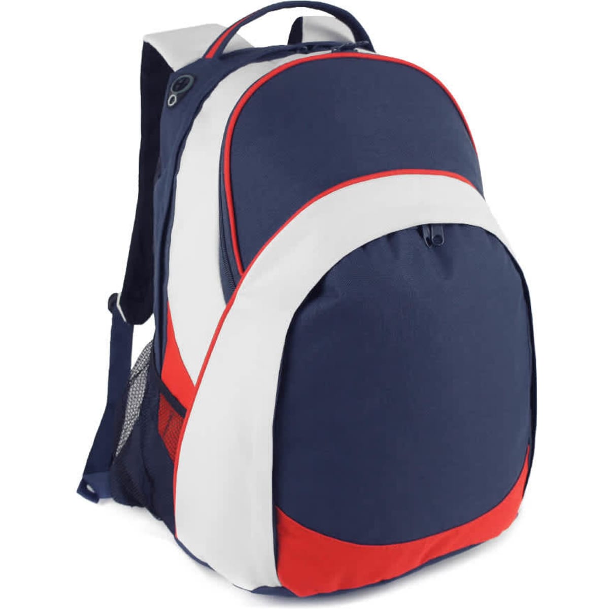 A navy blue and white backpack with red accents and a mesh side pocket. Features a logo on the front.