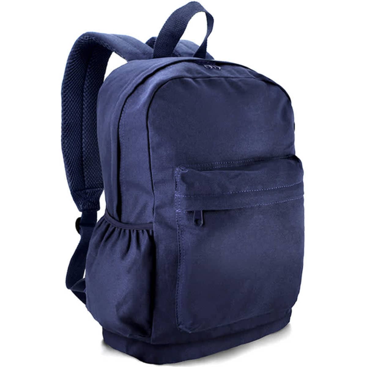 A navy blue backpack with a front pocket and side pouches, featuring shoulder straps and a logo.