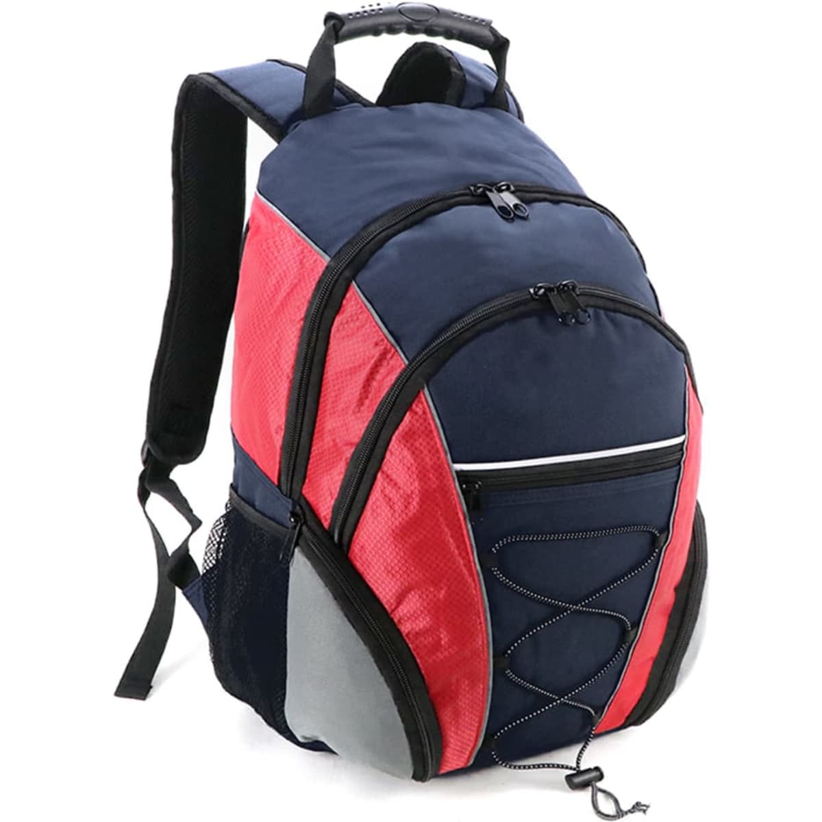 A navy, red, and grey backpack featuring zippers, straps, and a logo. Perfect for everyday use.