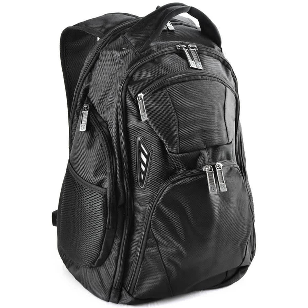 A black Vibe Backpack with multiple compartments and mesh side pockets, featuring a sleek design and branding.