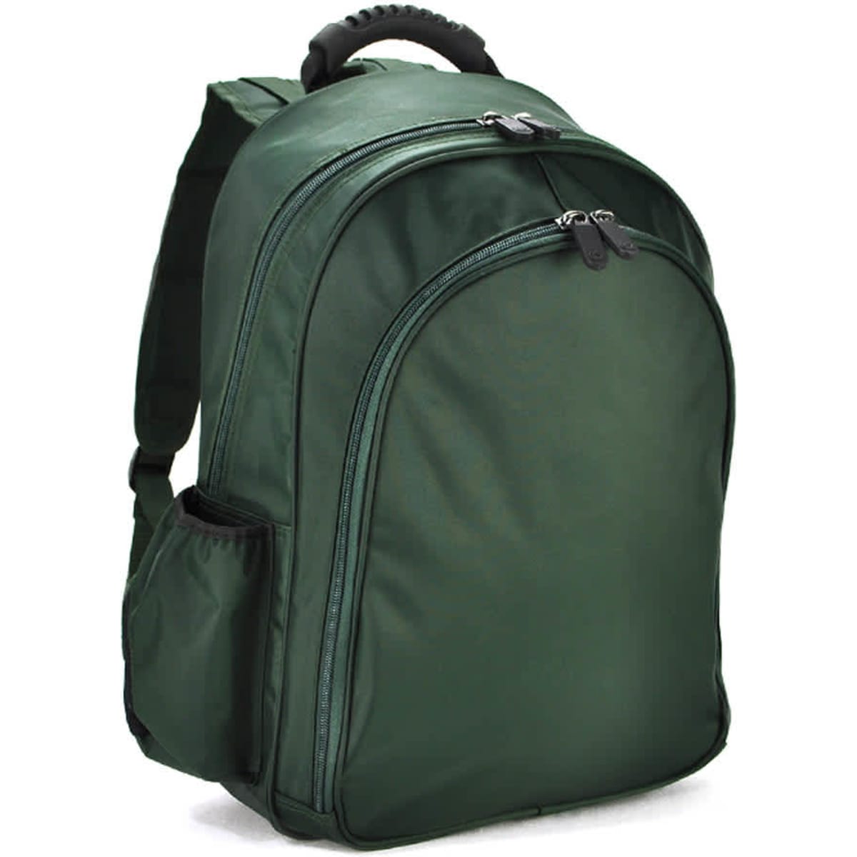A green backpack featuring a textured fabric, zippers, and padded shoulder straps. It includes a side pocket and has a handle.