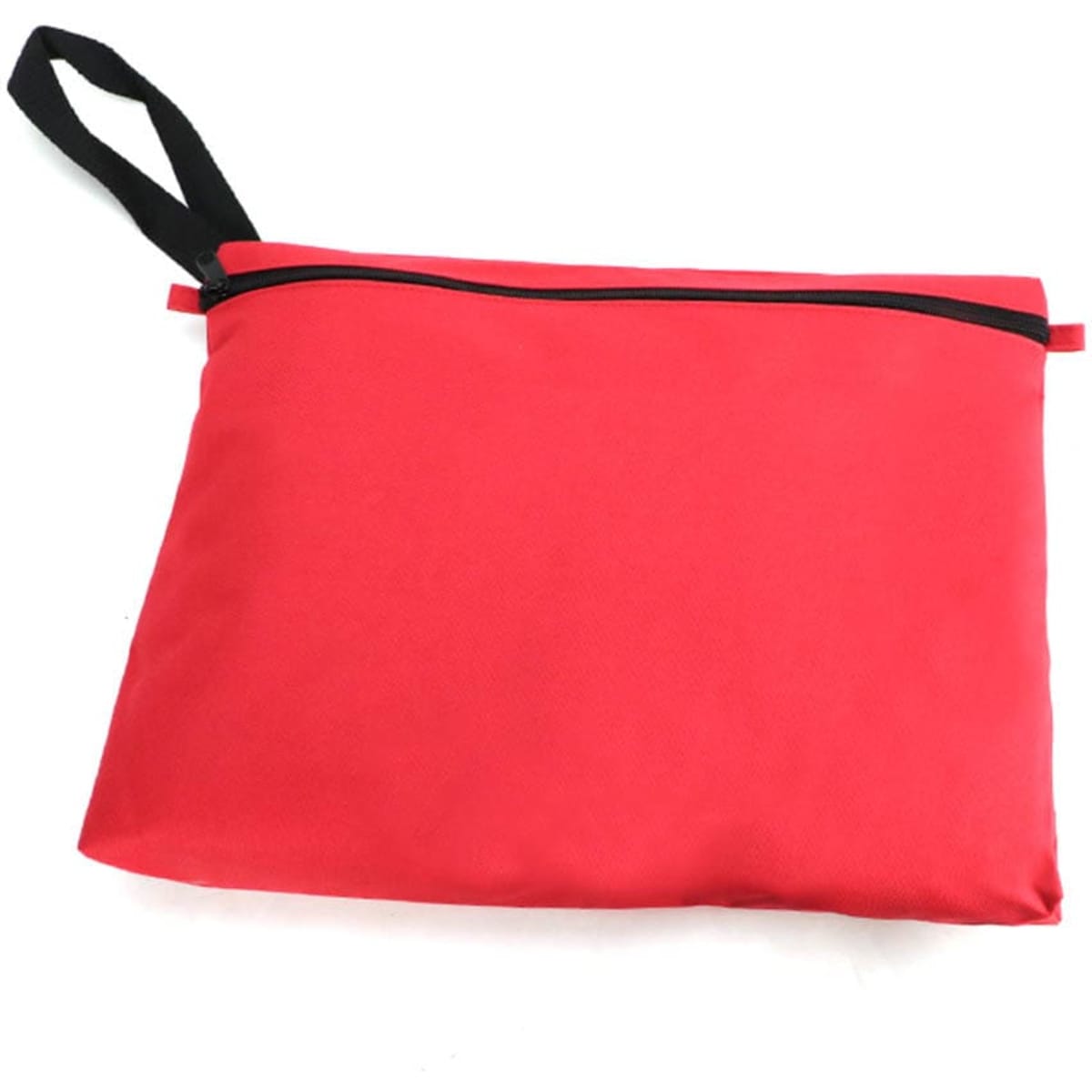 A red satchel with a black zipper and handle, featuring a simple design and a logo.