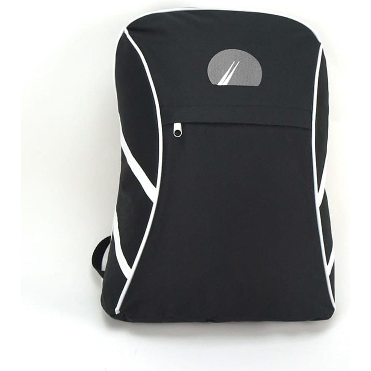 A black backpack with white accents and a logo on the top. It features a front zipper pocket.