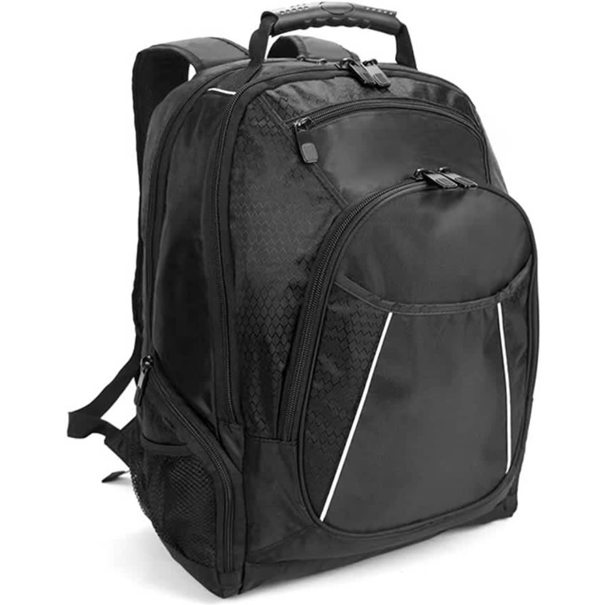 A black backpack with multiple compartments, a textured finish, and a side mesh pocket. Includes a logo.