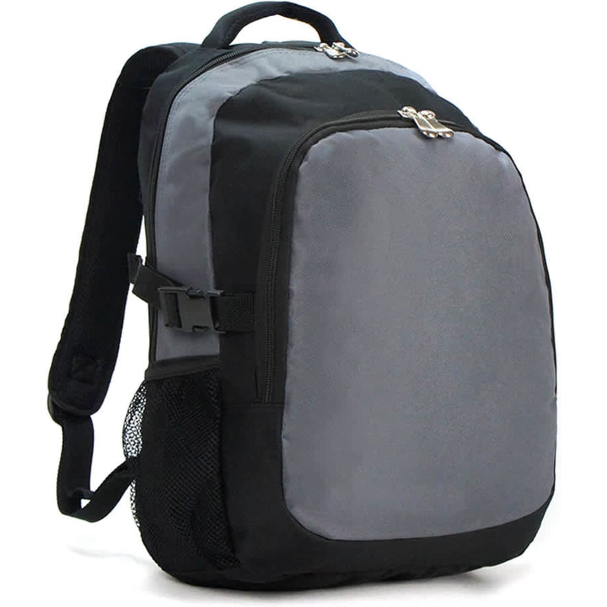A grey and black backpack with a main compartment, a front pocket, and side mesh pockets, featuring a logo.