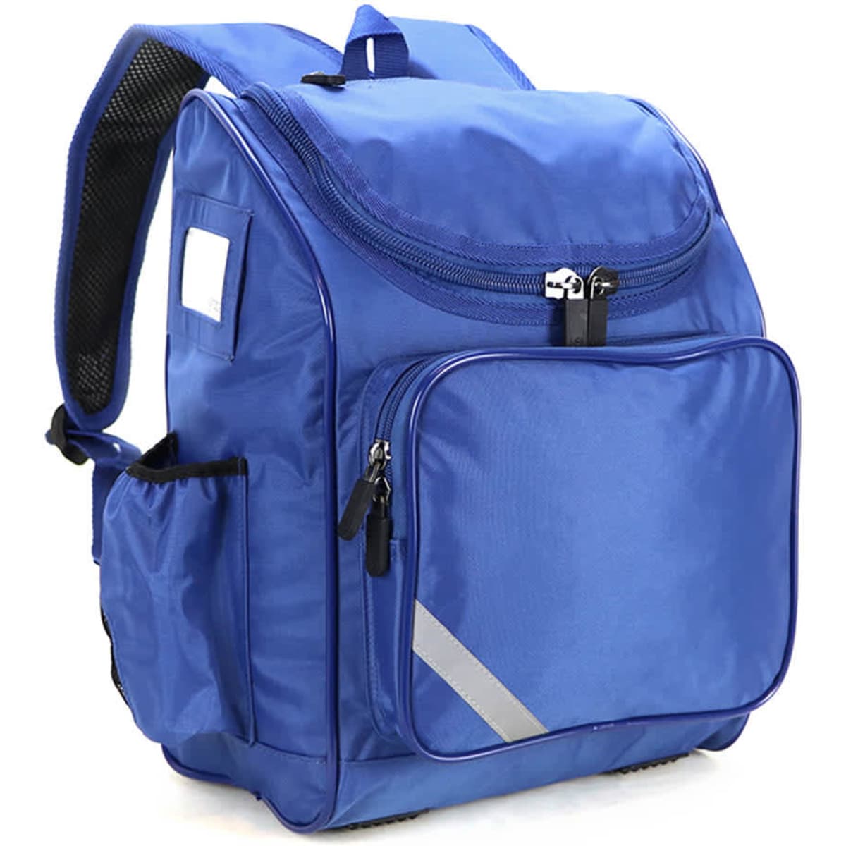 A blue backpack with a large main compartment, front pocket, side pockets, and a logo on the front.