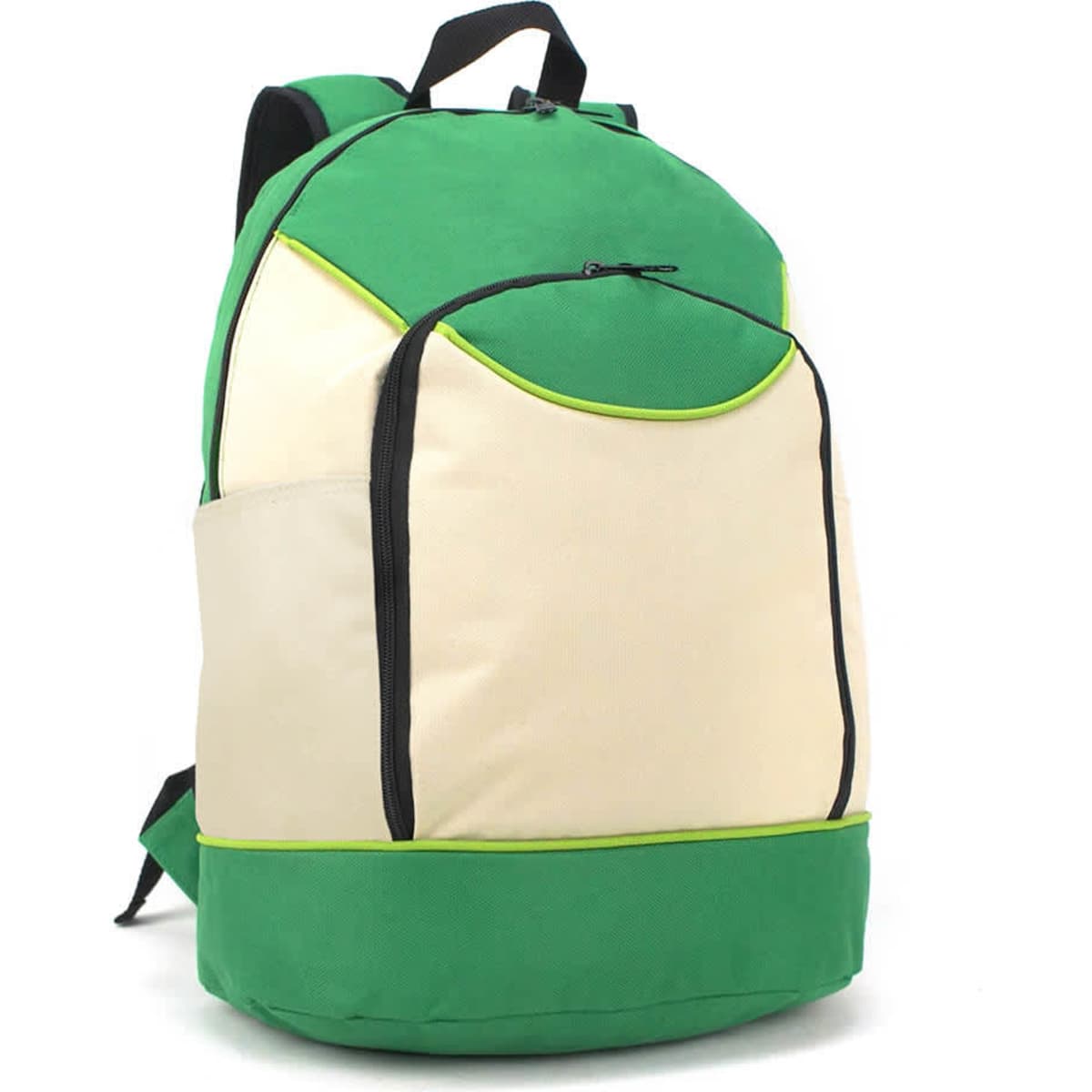 A green and cream backpack with a logo, featuring adjustable straps and a front pocket.