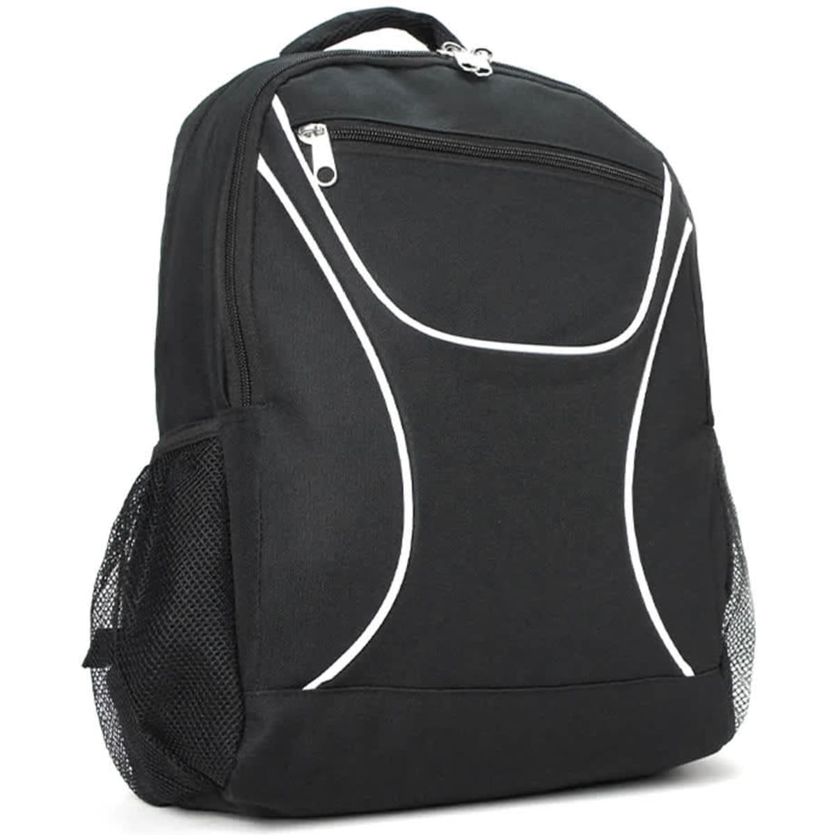 A black backpack with white piping details, featuring a front zip pocket and mesh side pockets. Includes branding.