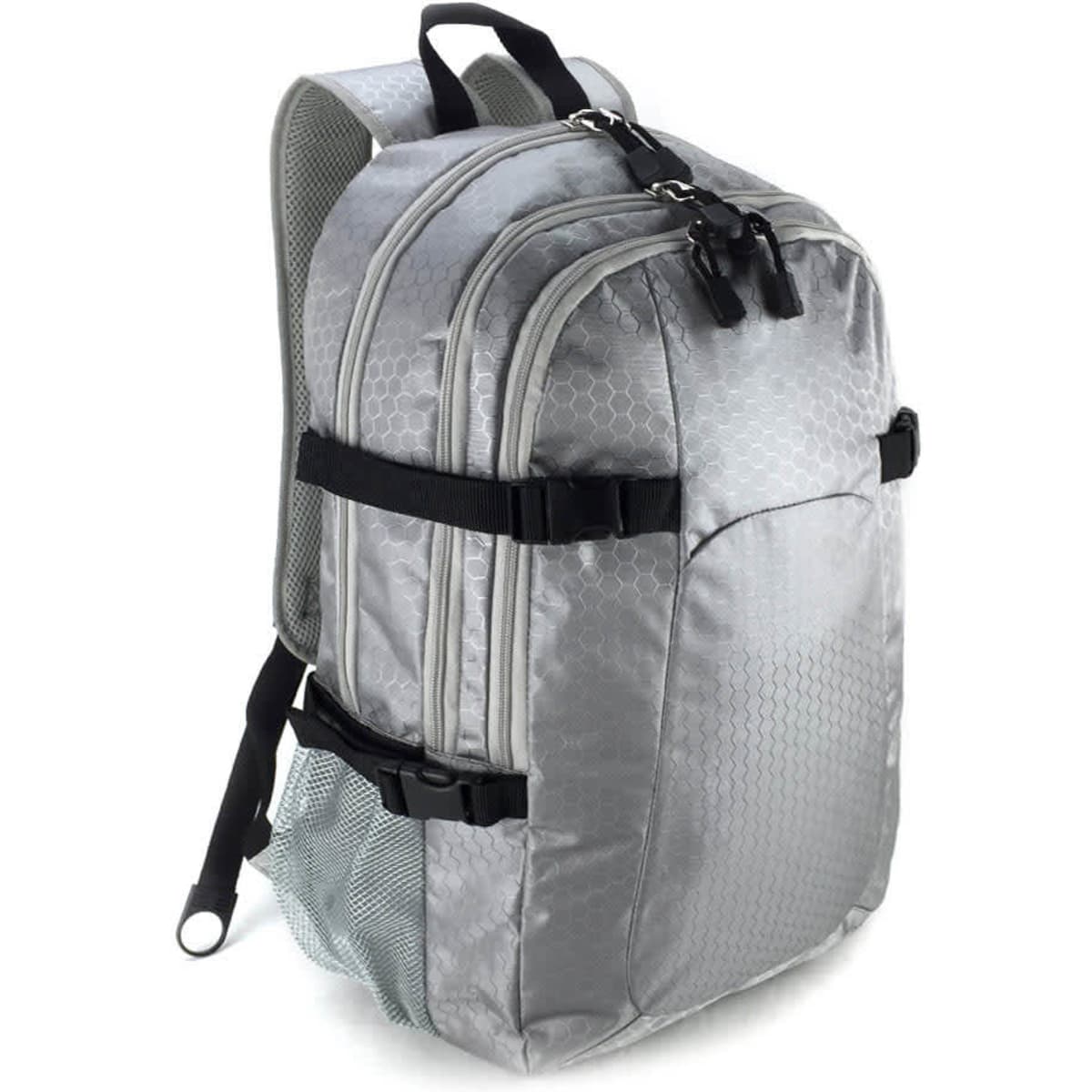 A grey backpack with a hexagonal pattern, featuring adjustable straps and a mesh side pocket. It has a logo.