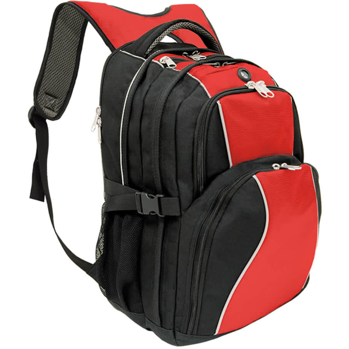 A black and red backpack featuring multiple compartments and mesh side pockets, with a logo on the front.