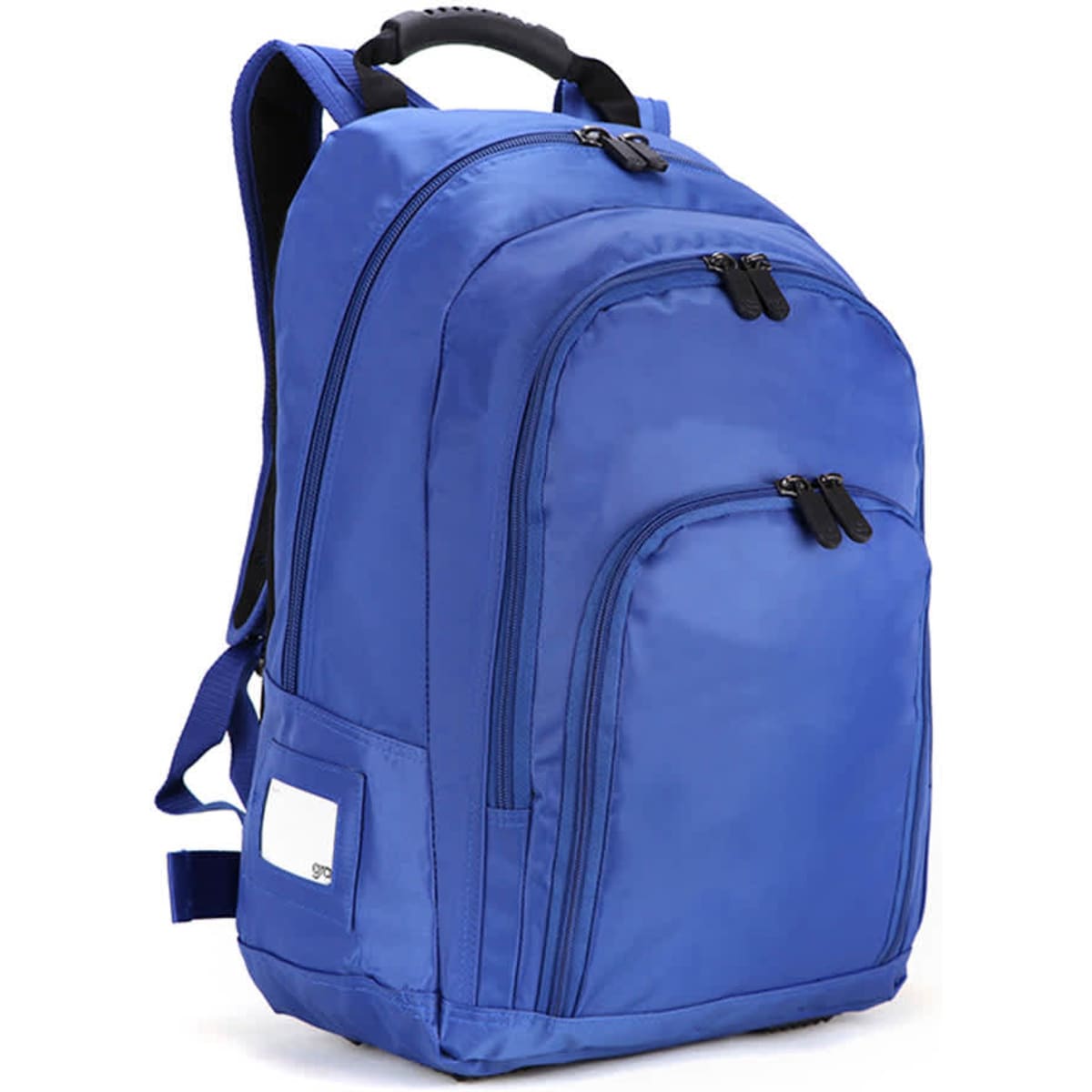 A blue backpack featuring multiple zippered compartments and a handle, with a logo on the side.