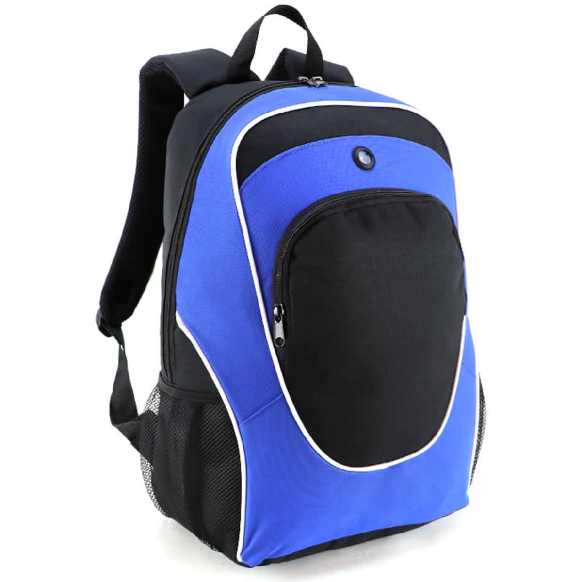 A blue and black backpack with a front zip pocket and mesh side pockets. Features a logo on the front.