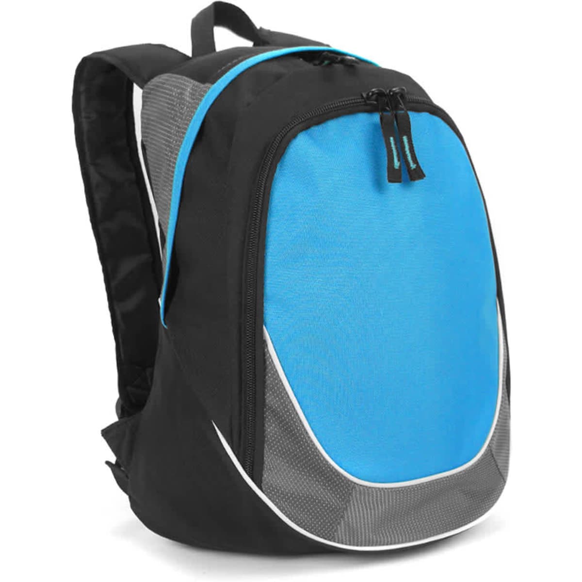 A black and blue backpack with a sleek design and a front zip pocket, featuring grey accents and a logo.