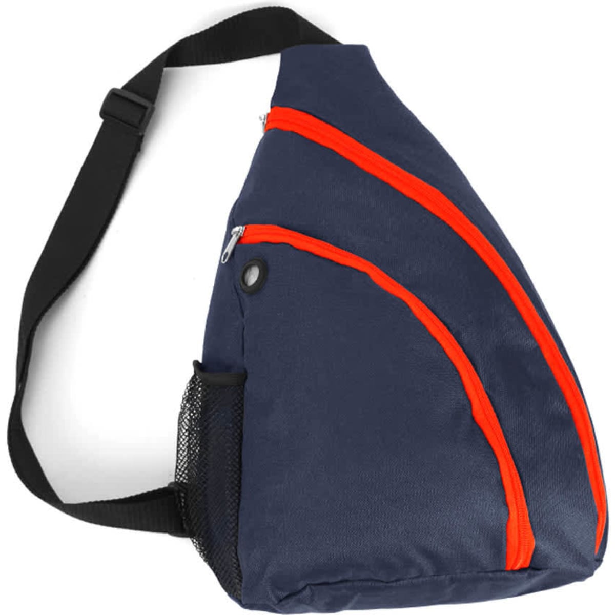 A navy sling backpack featuring orange zippers and a side mesh pocket. It has a single shoulder strap for carrying.