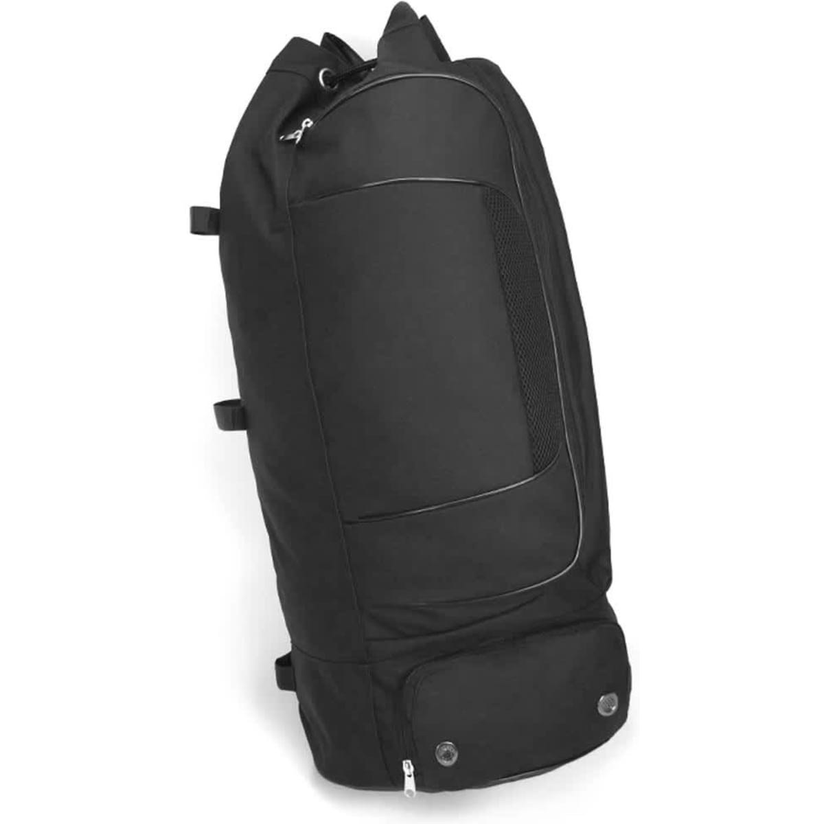 A black sports bag featuring a sleek design, mesh panel, and a logo on the surface.